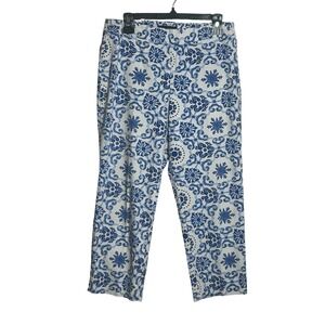 Talbots Heritage Silk Blend Ankle Pants Size 8 Blue White Tile Print Crop Travel